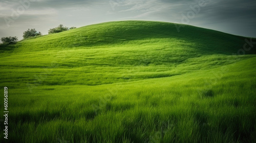 Green Grass Field On Small Hills. Generative AI © Andrii 