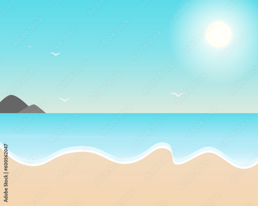 Vector cartoon style background of sea shore. Good sunny day.Image of beach, sea and sun