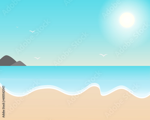 Vector cartoon style background of sea shore. Good sunny day.Image of beach  sea and sun