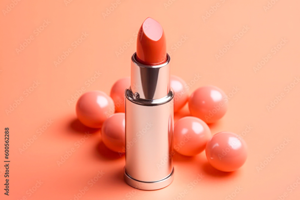 Pink lipstick on coral background with pink pearls Pink lipstick on coral background with pink pearls