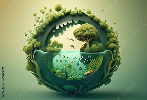 Environment protection. Green cities, ecologic city. Generative AI. Papercut style. Clean energy, water protection, wildlife protection, global ecology concept. 