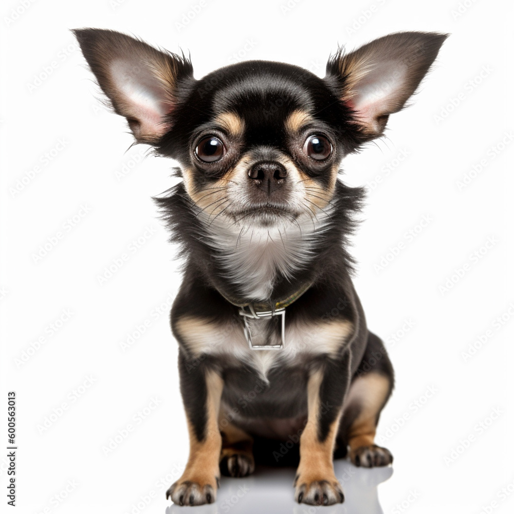 In this photo, a Chihuahua is standing in front of a white background, with a curious expression on its face. This breed is known for being the smallest dog in the world, with a distinctive apple-shap