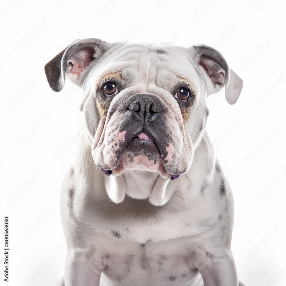 In this photo, a bulldog is standing in front of a white background. The studio setting allows the dog's features to stand out, including its distinctive wrinkly face, round eyes, and small ears. Its 