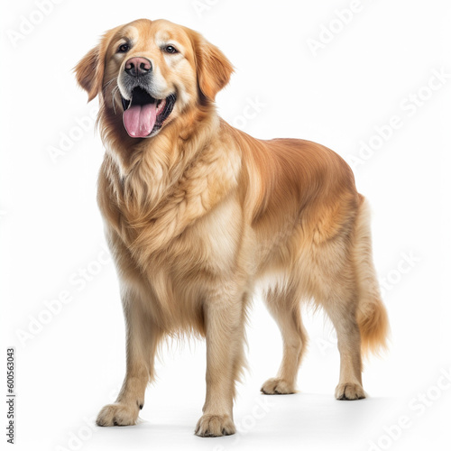 In this photo, a golden retriever is standing in front of a white background. The studio setting allows the dog's features to stand out, including its intelligent and friendly expression. Its loving a