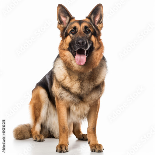 In this photo  a German Shepherd is standing in front of a white background. The studio setting allows the dog s features to stand out  including its pointed ears  alert eyes  and muscular build. Germ