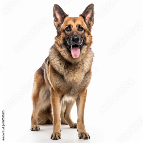 In this photo  a German Shepherd is standing in front of a white background. The studio setting allows the dog s features to stand out  including its pointed ears  alert eyes  and muscular build. Germ