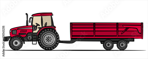 A hand drawn of a red tractor with agricultural trailer. Farm trailer abstract silhouette, side view. Modern farm tractor flat illustration. Vector EPS 10