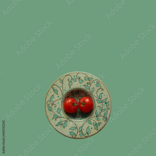 Still life of a pair of two tomatoes in an antique Italian earthenware bowl on a green background