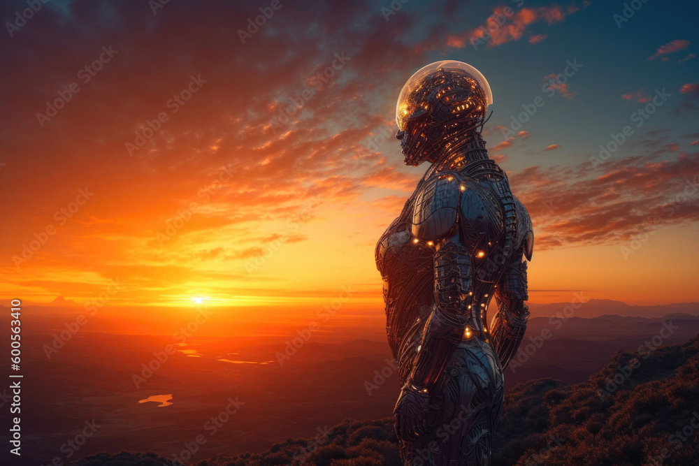 Robot standing at sunset. Generative AI