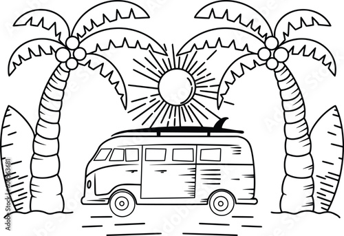 Simple illustration Van life, travel, exploring, nateur, surf, surfing, desert, mountains , minimalist, line art, and anything adventure inspired
