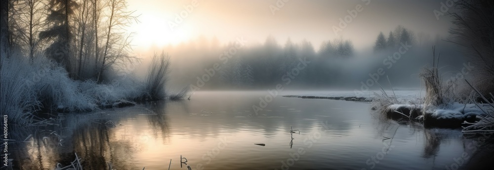 A beautiful winter scene with snowflakes drifting. Horizontal banner. AI generated A beautiful winter scene with snowflakes drifting. Horizontal banner. AI generated