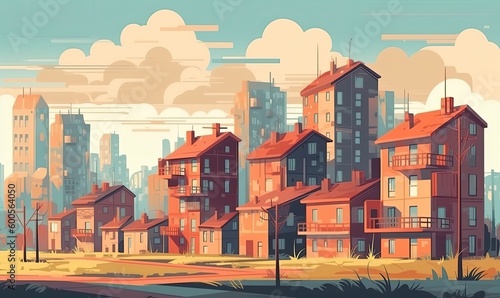 Suburban and urban landscape  Cottages at one end of the road  highrises and skyscrapers  generative AI