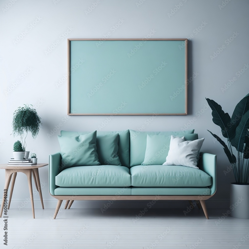 Fototapeta premium Blank wooden frame mockup on the wall and a centered sofa in a trendy modern Scandinavian interior with mint color tones.