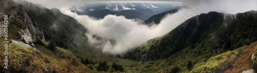 A breathtaking mountain vista with clouds rolling in. Horizontal banner. AI generated © ArtStage