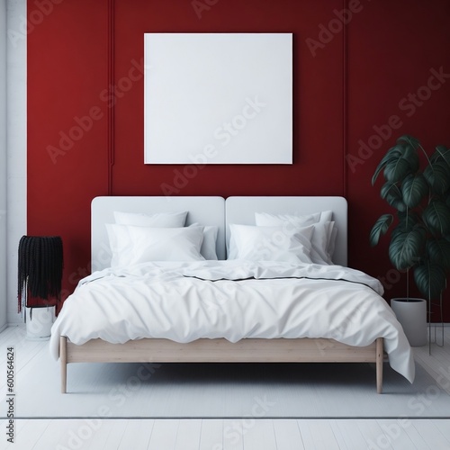 Blank wooden frame mockup on the wall and a centered bed in a trendy modern Scandinavian interior with red color tones.