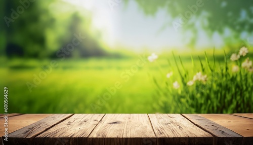 Beautiful spring green landscape background with empty wooden table for product display  blurred nature background  copy space  Generatice AI