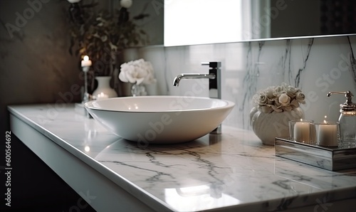 White bathroom interior  marble countertop on a blurred background of the bathroom interior  generative AI