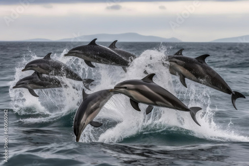 A group of playful dolphins leaping in the air, surrounded by the vast expanse of the ocean. Generative AI © AIproduction