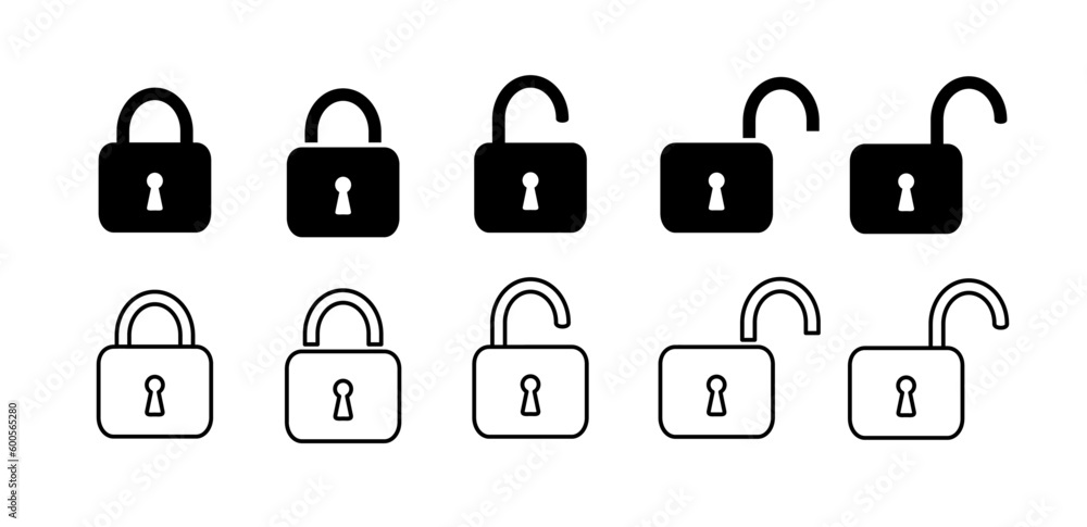 Lock open and lock closed icon. Set of padlocks. Stock vector. Lock open and lock closed icon. Set of padlocks. Stock vector.