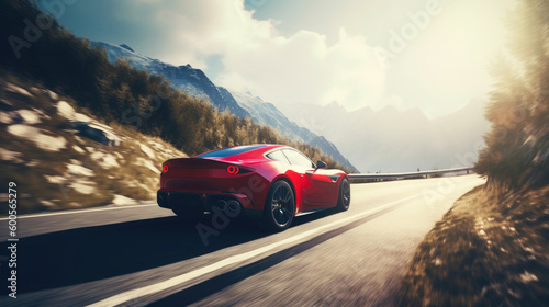 A shiny red sports car, speeding down a winding mountain road. Generative AI