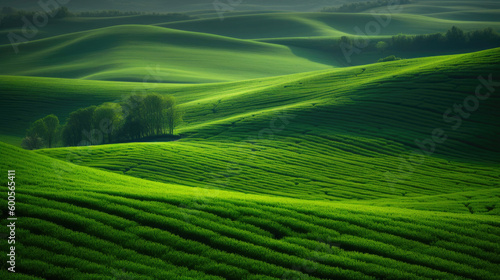 Abstraction Agricultural Area Green Wavy Fields. Generative AI © AIproduction