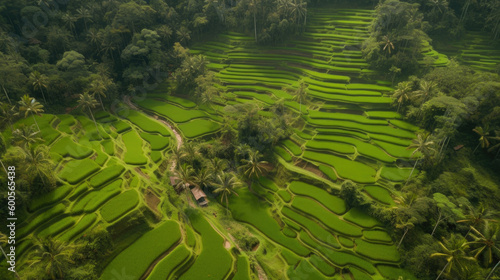 Aerial top view photo from flying drone of green rice fields in countryside Land with grown plants of paddy. Generative AI