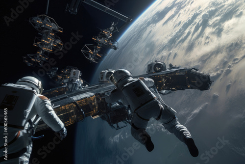 People in spacesuits transferring cargo in zero gravity  in space. Generative AI