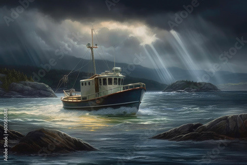 Dark and stormy weather on the coast, boat in trouble, dramatic sky. Generative AI