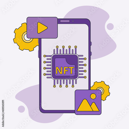 NFT non fungible token concept illustration with lines and dots network. Blockchain technology and cryptographic. Vector illustration