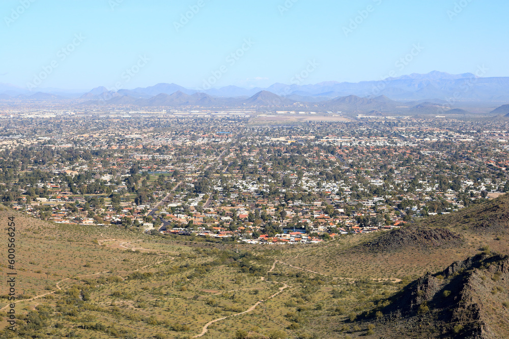 Aerial view of  Phoenix and Scottsdale from North Mountain Park hiking trail, Arizona