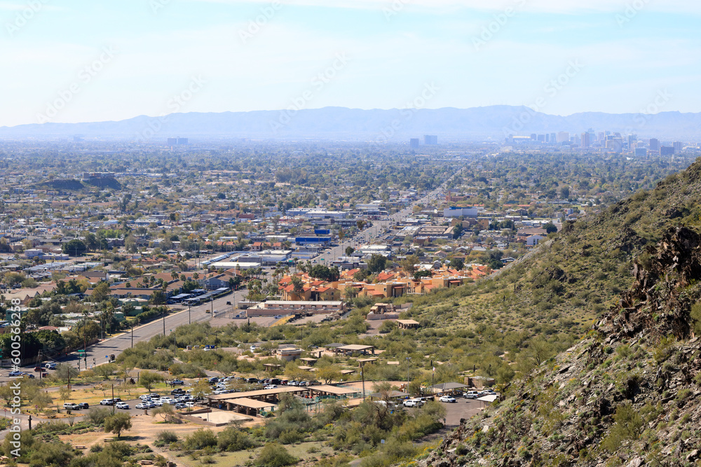 Aerial view of Arizona Capital City of Phoenix downtown in morning fog from North Mountain toward South mountains