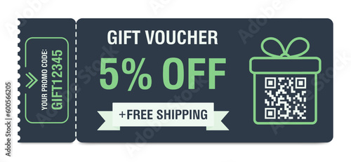 Discount coupon 5 percent off. Gift voucher with percentage marks, qr code and promo codes for website, internet ads, social media. Vector illustration