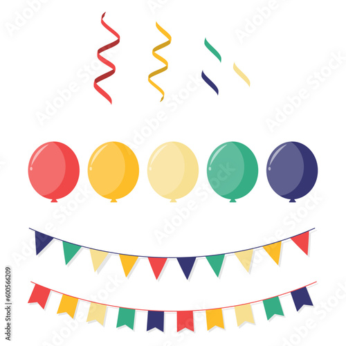 Set of birthday party decorations. Balloons, garlands, ribbons, serpentine for banners, postcards, greeting cards, invitations