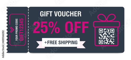 Discount coupon 25 percent off. Gift voucher with percentage marks, qr code and promo codes for website, internet ads, social media. Vector illustration