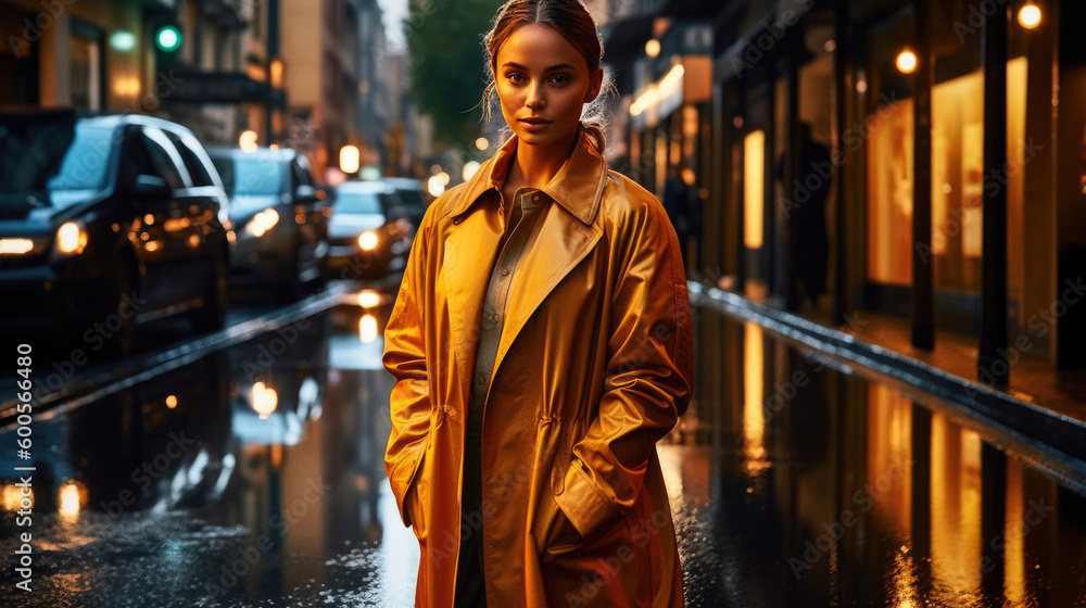 Woman walking down a rain city street. Generative AI