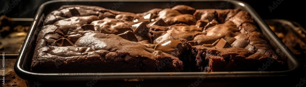 A gooey fudge brownie warm from the oven. Horizontal banner. AI generated A gooey fudge brownie warm from the oven. Horizontal banner. AI generated