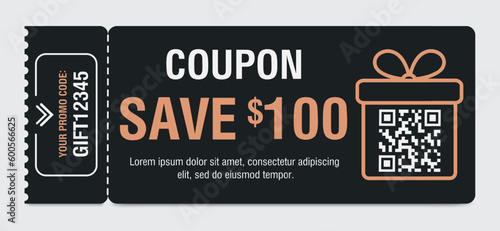 Gift cards vouchers with monetary reward in 100 dollars with simple linear gift box illustration and qr code place. Vector illustration