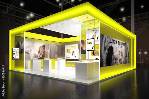 Commercial stand in an exhibition hall or a large professional salon ready to receive brands and advertisements Generative AI