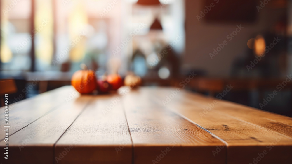Wooden board empty table window blurred background can be used for display or montage your products and Mock up. Generative AI
