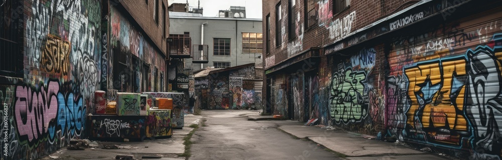 Fototapeta premium A gritty and industrial neighborhood with graffiti. Horizontal banner. AI generated