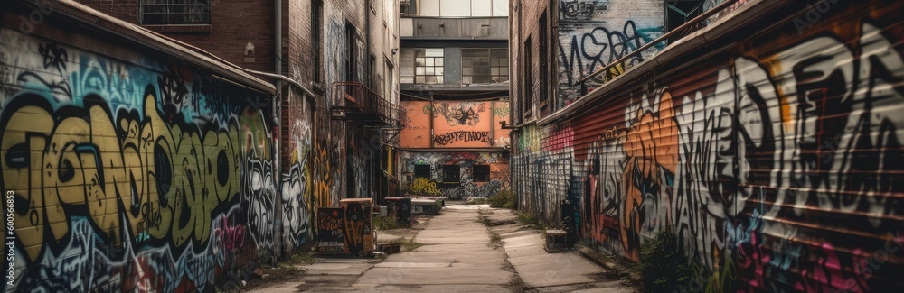 A gritty and industrial neighborhood with graffiti. Horizontal banner. AI generated