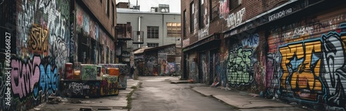 A gritty and industrial neighborhood with graffiti. Horizontal banner. AI generated