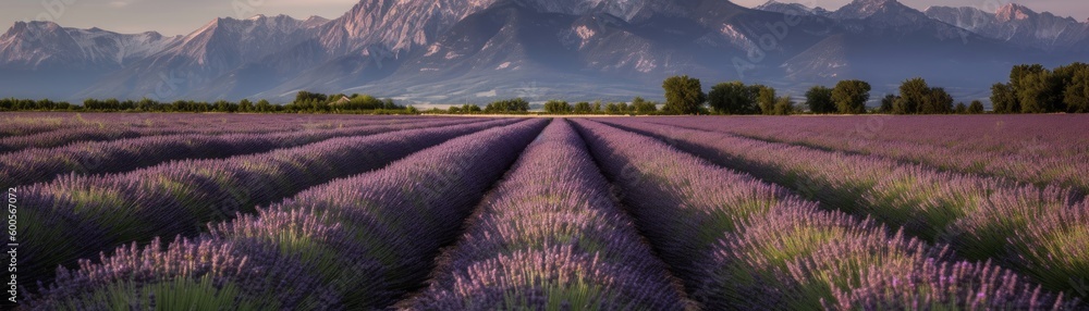 Obraz premium A lovely lavender fields with mountains in the backg. Horizontal banner. AI generated
