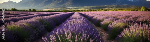 A lovely lavender fields with mountains in the backg. Horizontal banner. AI generated
