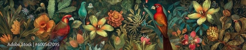 A lush tropical jungle with colorful birds and flowe. Horizontal banner. AI generated © ArtStage