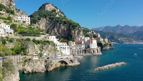 Aerial view of Atrani famous coastal village located on Amalfi Coast, Italy. Small town Atrani on Amalfi Coast in province of Salerno, Campania region, Italy. Atrani town on Amalfi coast, Italy.