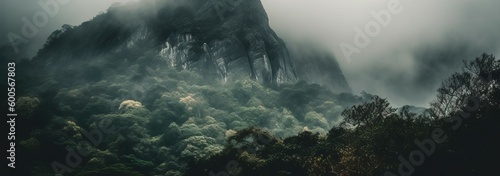 A misty mountain with a mysterious presence. Horizontal banner. AI generated