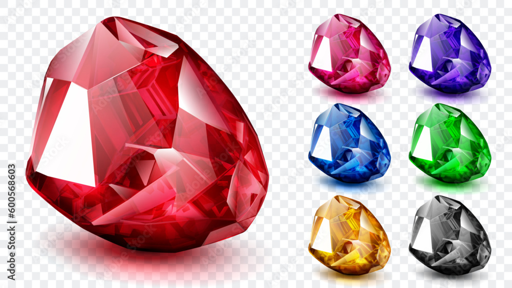 Set of translucent precious crystals: ruby, emerald, sapphire, topaz, amethyst, agate. Gems in red, green, blue, pink, purple, yellow and black, with shadows, isolated on transparent background Set of translucent precious crystals: ruby, emerald, sapphire, topaz, amethyst, agate. Gems in red, green, blue, pink, purple, yellow and black, with shadows, isolated on transparent background