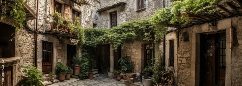 A picturesque courtyard surrounded by traditional. Horizontal banner. AI generated