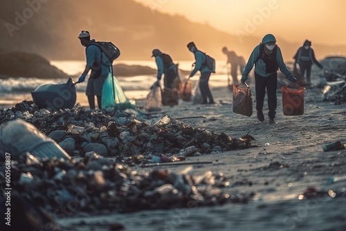 A team of responsible citizens cleaning up plastic waste and debris from a coastal area